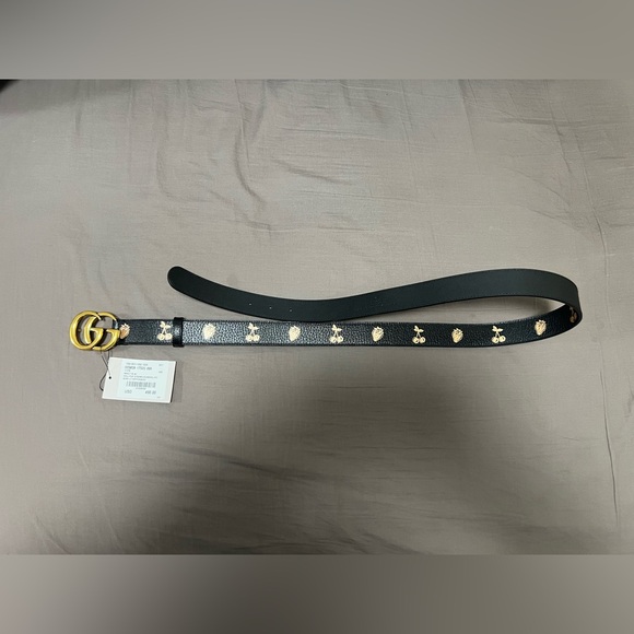 New Gucci Belt GG marmont Belt Black leather belt Cherry Strawberry size 100 - Picture 7 of 10